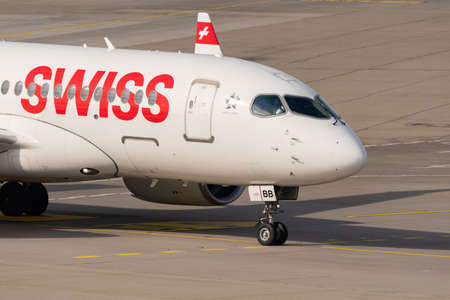 Zurich, Switzerland, March 2, 2022 Swiss International Airlines Bombardier CS-100 or A220 aircraft...
