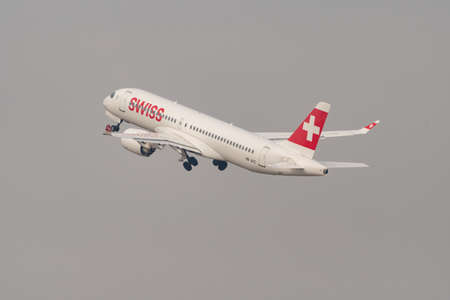 Zurich, Switzerland, March 2, 2022 Swiss International Airlines Bombardier CS-300 or A220 aircraft...