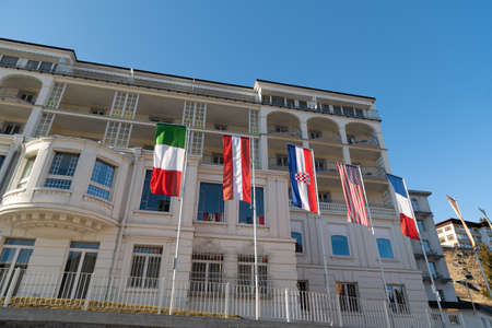 Davos, Switzerland, March 23, 2022 Facade of the popular hotel Belvedere in the city center on a sunny dayのeditorial素材
