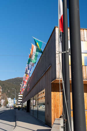 Davos, Switzerland, March 23, 2022 Facade of the congress center building in the city on a sunny day