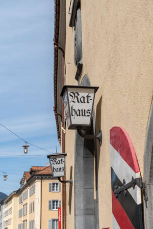 Chur, Switzerland, April 11, 2022 Lamp at the entrance to the city hallの写真素材