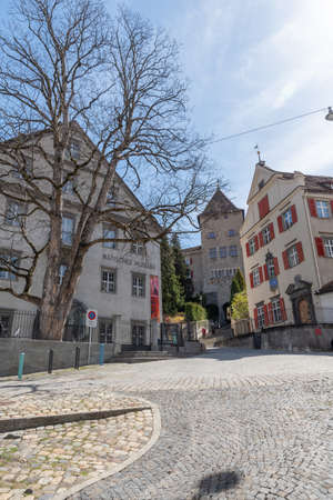 Chur, Switzerland, April 11, 2022 Traditional buildings in the historic old town on a sunny day