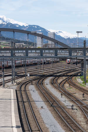 Chur, Switzerland, April 11, 2022 Rail road at the main train station in the city centerのeditorial素材