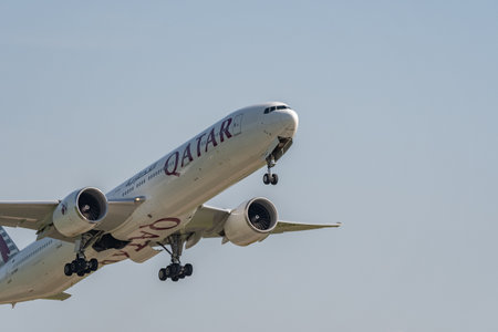 Zurich, Switzerland, May 20, 2022 Qatar Airways Boeing 777-300ER aircraft is leaving from runway 32のeditorial素材