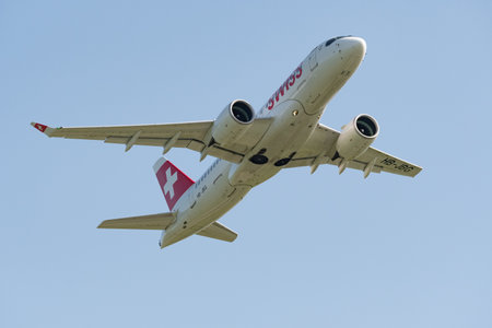 Zurich, Switzerland, May 20, 2022 Swiss International Airlines Bombardier CS-100 or A220-100 is departing from runway 32のeditorial素材