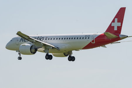 Zurich, Switzerland, May 20, 2022 Helvetic Airways Embraer E-190-E2 aircraft is arriving on runway...