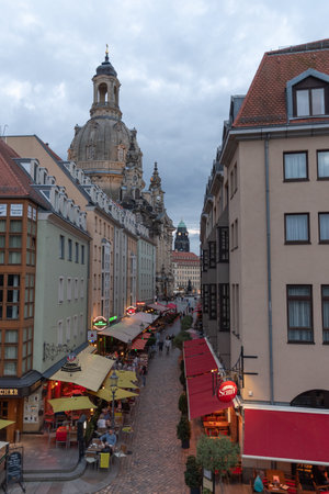 Dresden, Saxon, Germany, July 10, 2022 Historic buildings in the city center in the late eveningのeditorial素材