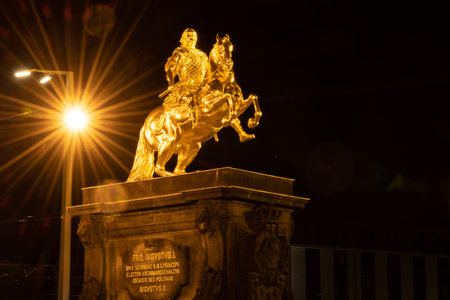 Dresden, Saxon, Germany, July 10, 2022 Sculpture of Friedrich August II on a horse illuminated at nightのeditorial素材