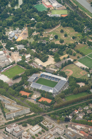 Mannheim, Rhineland, Palatinate, Germany, July 10, 2022 Flight over the Carl Benz football stadium with a small planeのeditorial素材