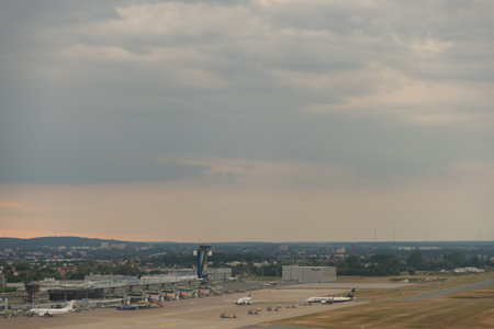 Nuremberg, Bavaria, Germany, July 9, 2022 Arrival at the international airport in the eveningのeditorial素材