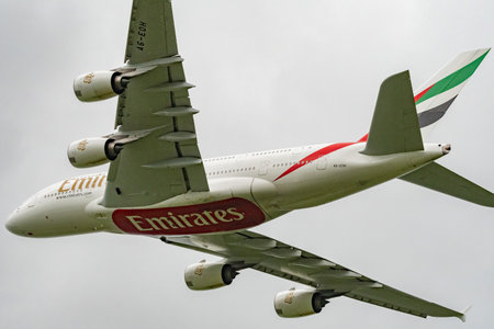 Zurich, Switzerland, September 27, 2022 Emirates Airbus A380-861 aircraft is departing from runway 32 on a cloudy dayのeditorial素材