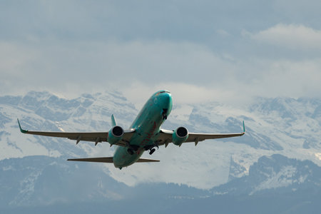 Zurich, Switzerland, December 23, 2022 Sun Express Boeing 737-8HX aircraft is leaving from runway 32...