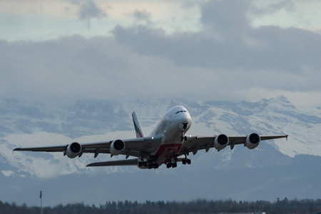Zurich, Switzerland, December 23, 2022 Emirates Airbus A380-861 aircraft is taking off from runway...