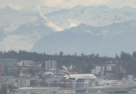 Zurich, Switzerland, December 23, 2022 Emirates Airbus A380-861 aircraft on its final approach to...