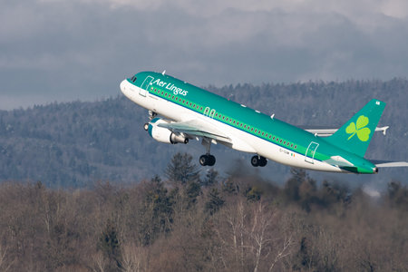 Zurich, Switzerland, January 19, 2023 Aer Lingus Airbus A320-214 aircraft is taking off from runway...
