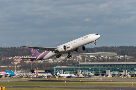 Zurich, Switzerland, January 19, 2023 Thai airways Boeing 777-3D7ER aircraft is taking off from runway 16のeditorial素材