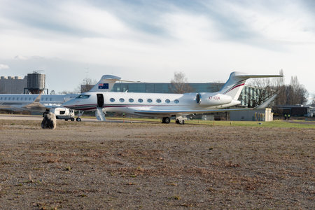 Zurich, Switzerland, January 19, 2023 Gulfstream G650-ER business aircraft is parking on the apron...