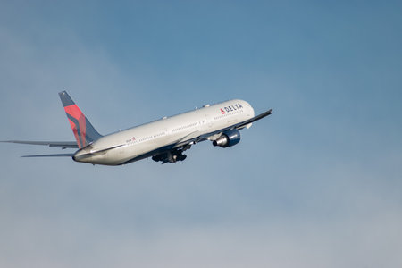 Zurich, Switzerland, January 19, 2023 Delta airlines Boeing 767-432ER is departing from runway 16のeditorial素材