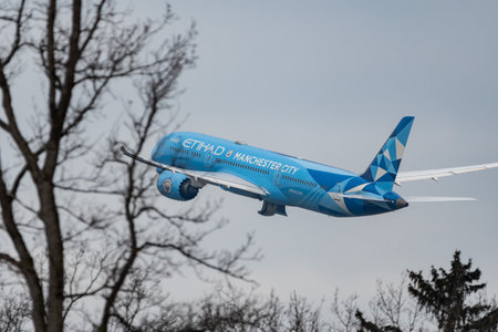 Zurich, Switzerland, January 20, 2023 Etihad Boeing 787-9 Dreamliner Aircraft takeoff from runway 28