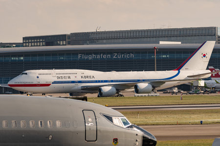 Zurich, Switzerland, January 20, 2023 Korea Boeing 747-8B5 government jumbo jet is taxiing to its...