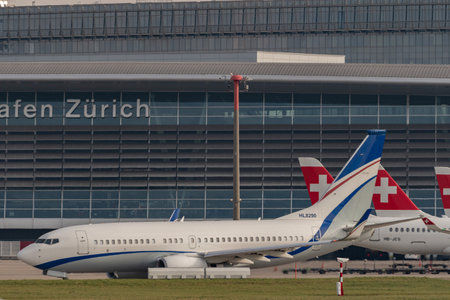 Zurich, Switzerland, January 20, 2023 Hyundai korean Boeing 737-7GE aircraft taxiing to its positionのeditorial素材