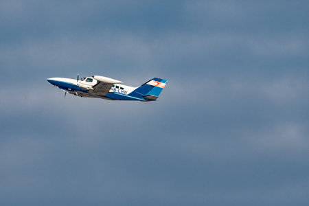 Zurich, Switzerland, January 20,2023 Cessna 402B Businessliner multi engine propeller plane takeoff...
