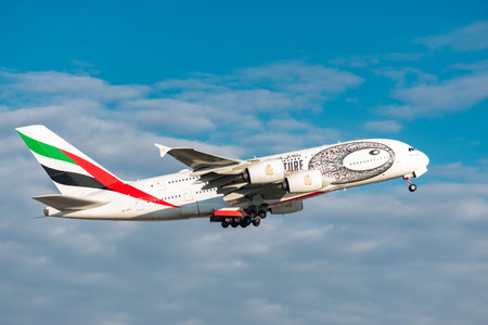 Zurich, Switzerland, January 20,2023 Emirates Airbus A380-861 aircraft is taking off from runway 16のeditorial素材