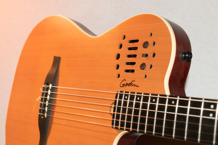 Vaduz, Liechtenstein, January 13, 2023 Product shot of a Godin nylon string acoustic guitarのeditorial素材