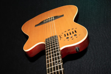 Vaduz, Liechtenstein, January 13, 2023 Product shot of a Godin nylon string acoustic guitarのeditorial素材