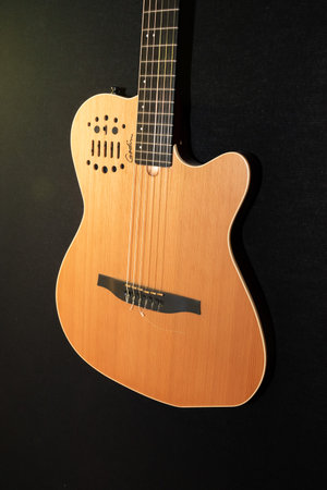Vaduz, Liechtenstein, January 13, 2023 Product shot of a Godin nylon string acoustic guitarのeditorial素材