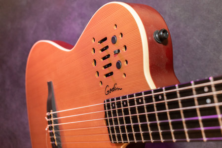 Vaduz, Liechtenstein, January 13, 2023 Product shot of a Godin nylon string acoustic guitarのeditorial素材