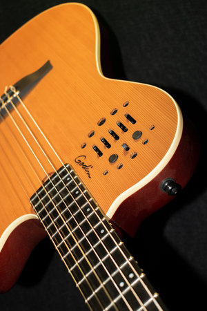 Vaduz, Liechtenstein, January 13, 2023 Product shot of a Godin nylon string acoustic guitarのeditorial素材