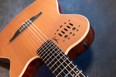Vaduz, Liechtenstein, January 13, 2023 Product shot of a Godin nylon string acoustic guitarのeditorial素材