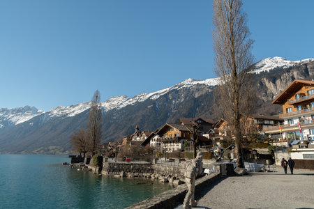 Brienz, Switzerland, February 10, 2023 Alpine scenery at the beautiful lake of Brienz on a sunny dayのeditorial素材