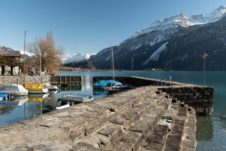 Brienz, Switzerland, February 10, 2023 Alpine scenery at the beautiful lake of Brienz on a sunny dayのeditorial素材
