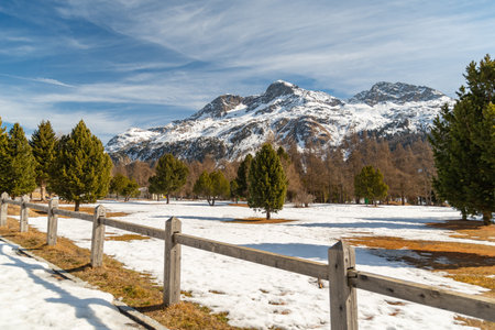 Silvaplana, Switzerland, February 21, 2023 Incredible beautiful winter panorama at the lake of Silvaplanaの写真素材
