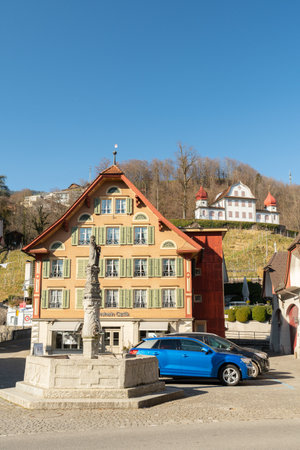 Sarnen, Canton Obwalden, Switzerland, February 10, 2023 Historic old buildings in the small town on a sunny dayのeditorial素材