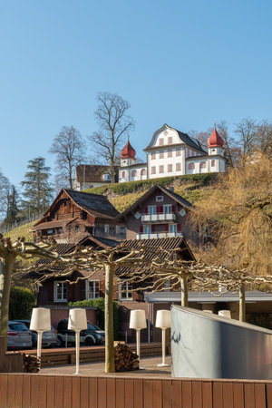 Sarnen, Canton Obwalden, Switzerland, February 10, 2023 Historic old buildings in the small town on a sunny dayのeditorial素材