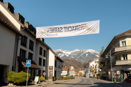 Sarnen, Canton Obwalden, Switzerland, February 10, 2023 Historic old buildings in the small town on a sunny dayのeditorial素材