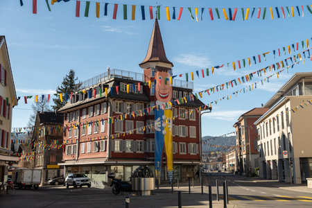 Unteraegeri, Switzerland, February 20, 2023 Historic old buildings in the city center on a sunny dayのeditorial素材