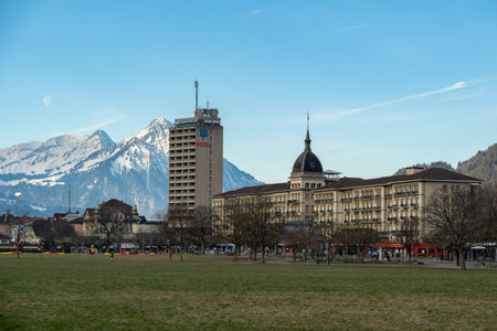 Interlaken, Switzerland, February 11, 2023 Grand Hotel Victoria in the city center in the morning timeのeditorial素材