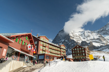 Kleine Scheidegg, Canton Bern, Switzerland, February 11, 2023 Incredible alpine winter landscape on a sunny dayのeditorial素材