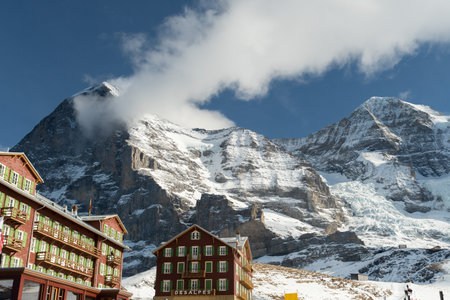 Kleine Scheidegg, Canton Bern, Switzerland, February 11, 2023 Incredible alpine winter landscape on a sunny dayのeditorial素材