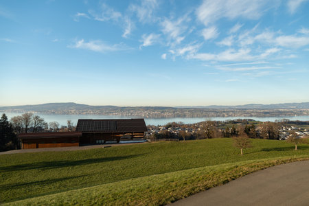 Fantastic view over the lake of Zurich on a sunny dayの写真素材