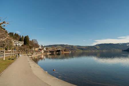 Majestic view over the lake Aegerisee on a sunny dayの写真素材