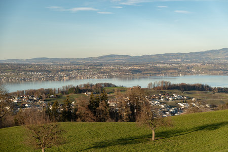 Fantastic view over the lake of Zurich on a sunny dayの写真素材