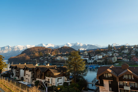 Spiez, Canton Bern, Switzerland, February 12, 2023 View over the Spiez area on a sunny dayのeditorial素材