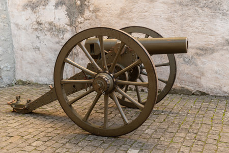Thun, Switzerland, February 13, 2023 Historic old cannon exhibited at the old castle in the city centerのeditorial素材