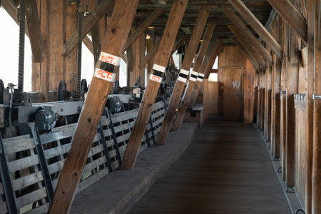 Thun, Switzerland, February 13, 2023 Historic old wooden bridge and pedestrian way in the city centerのeditorial素材