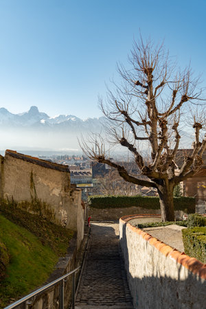 Thun, Switzerland, February 13, 2023 Fantastic view over the city in an alpine scenery on a sunny dayのeditorial素材